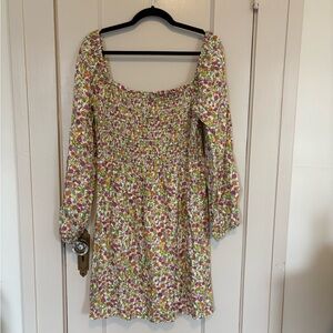 Tash and Sophie NWT Smocked Floral Mini Dress Color Ivory Multi, Size Large Boho